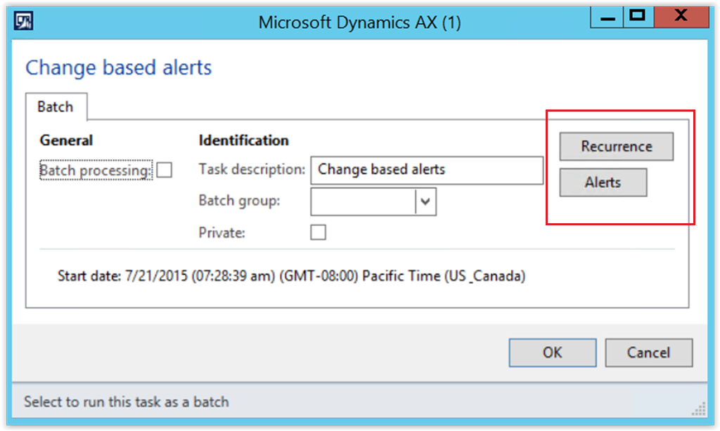 Changed based alerts batch parameters form