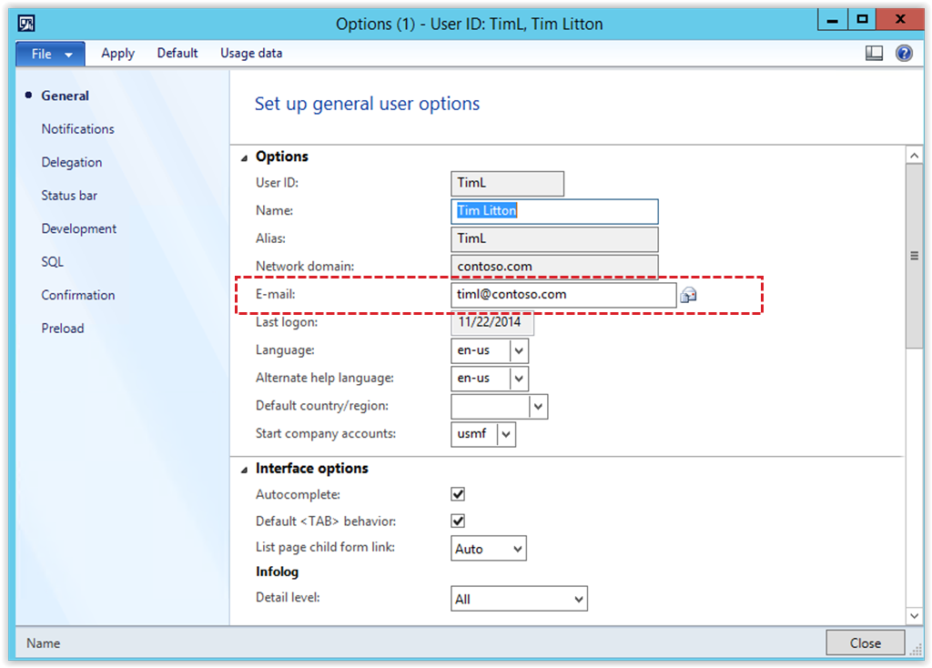 User Options Form - Email Setting